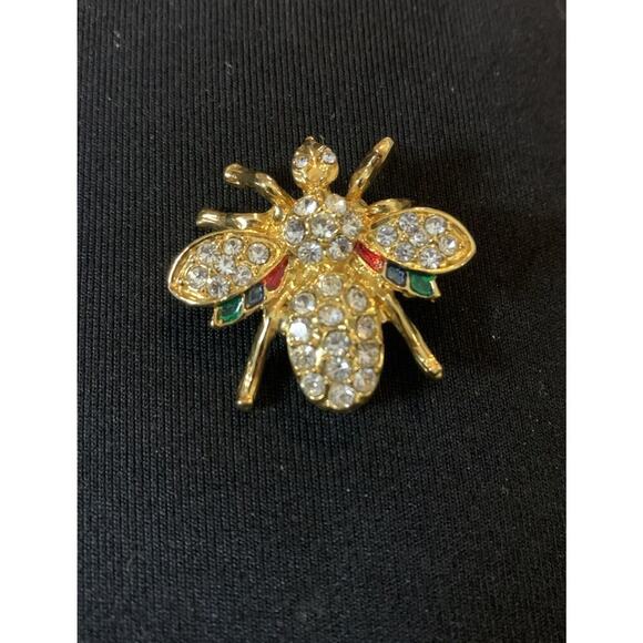 Vintage Gold Tone Bee Insect Crystal Rhinestone Brooch Pin Bug Glass - Picture 1 of 6